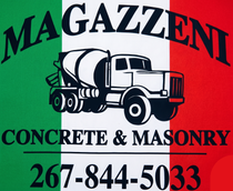 MAGAZZENI Concrete & Masonry logo with cement truck and phone number 267-844-5033 over red, white, and green background