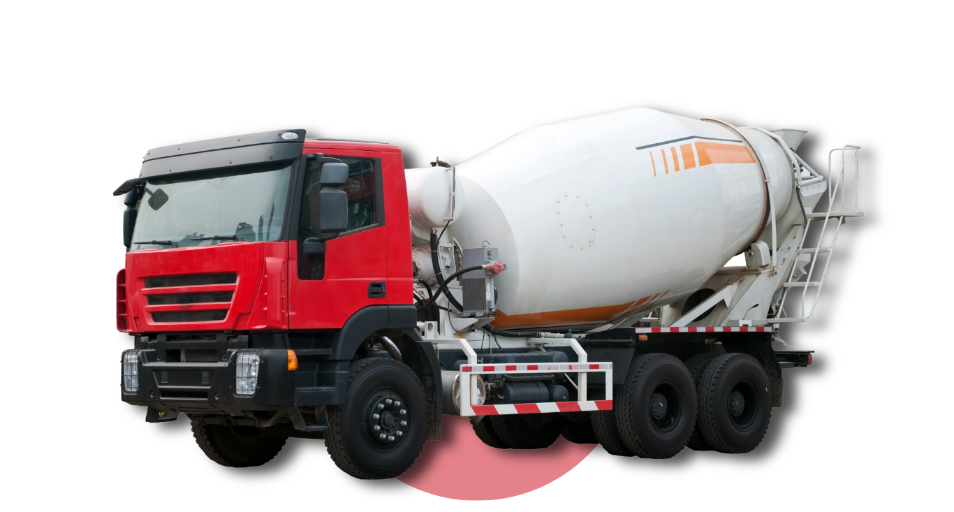 Red concrete mixer truck with white drum on a plain white background