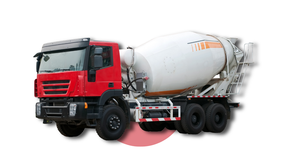 Red concrete mixer truck with white drum, isolated on white background