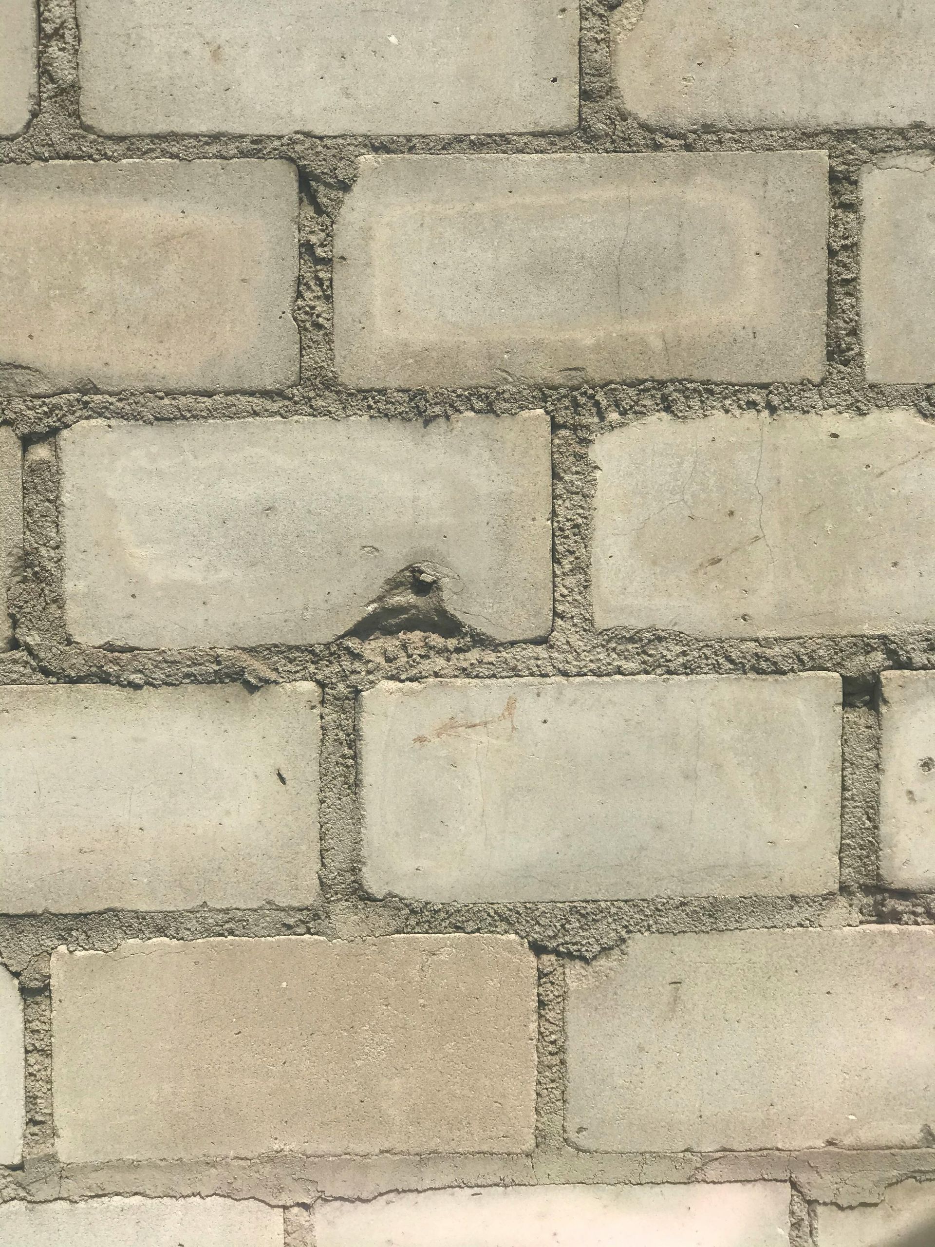 Close-up of a beige brick wall with weathered mortar joints and a small chip in one brick