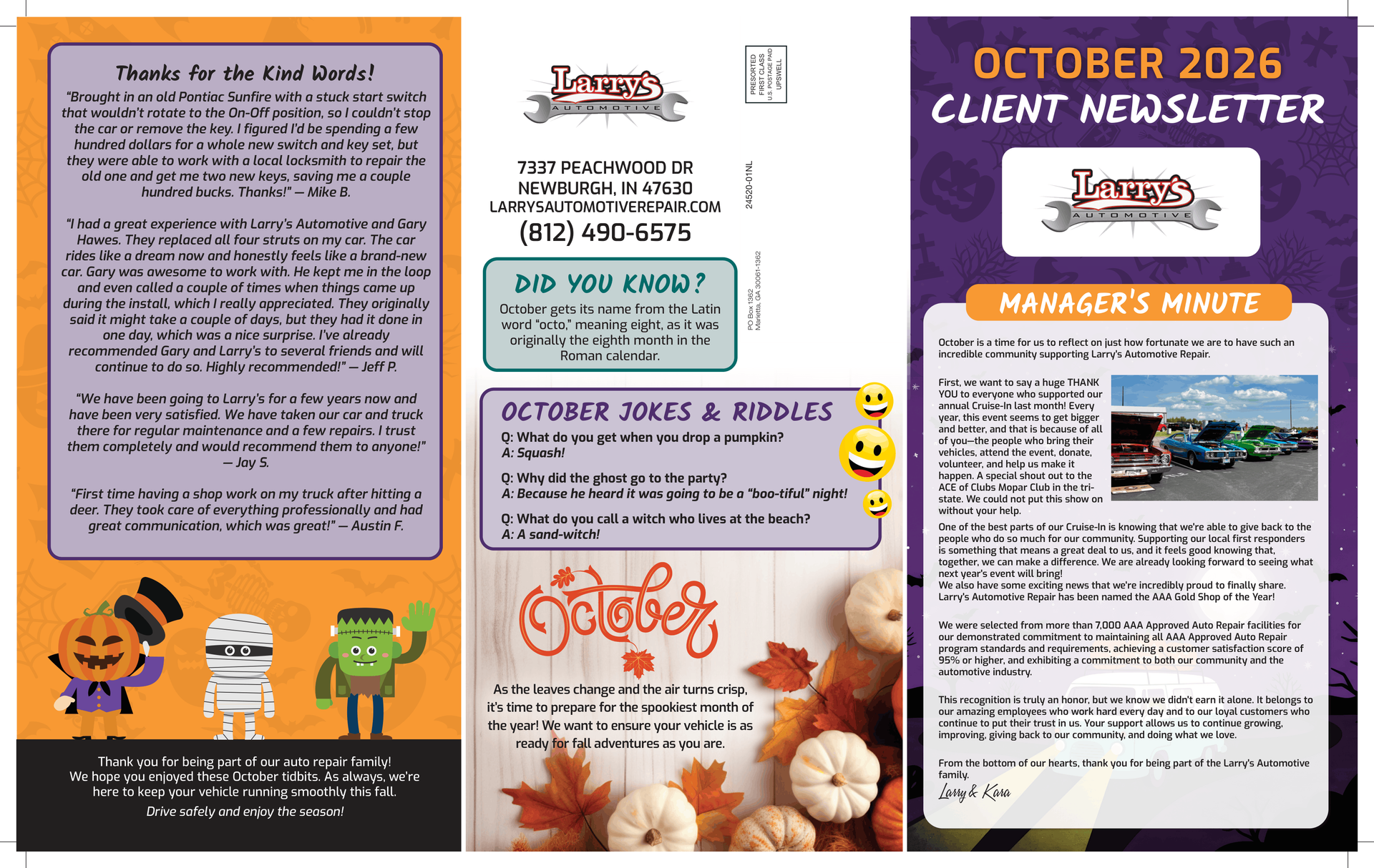 Oct. 2026  newsletter collage with events, announcements, and photos on colorful flyers