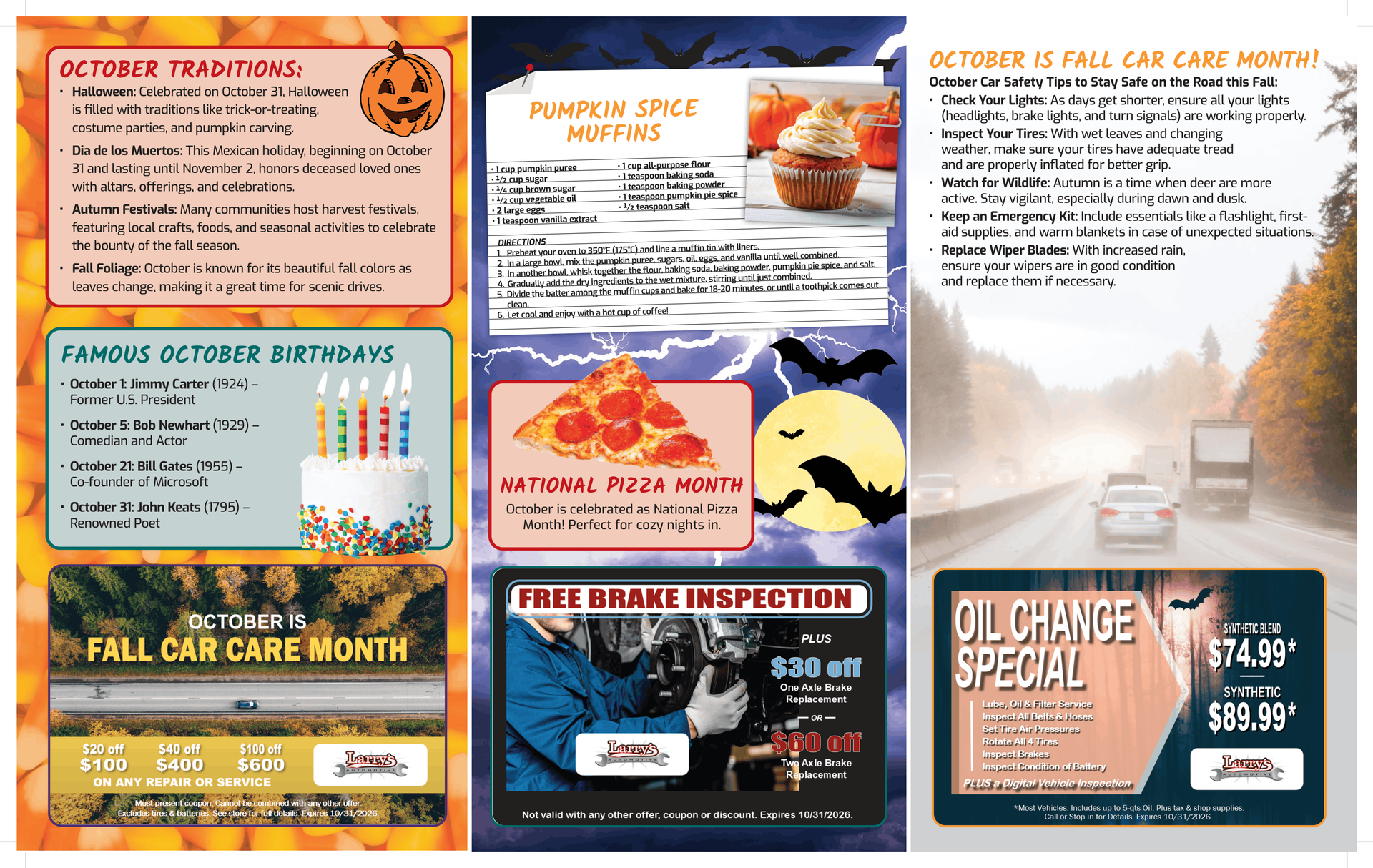 Oct Collage of autumn-themed flyers and sale ads in green, orange, and beige with leaves and seasonal offers