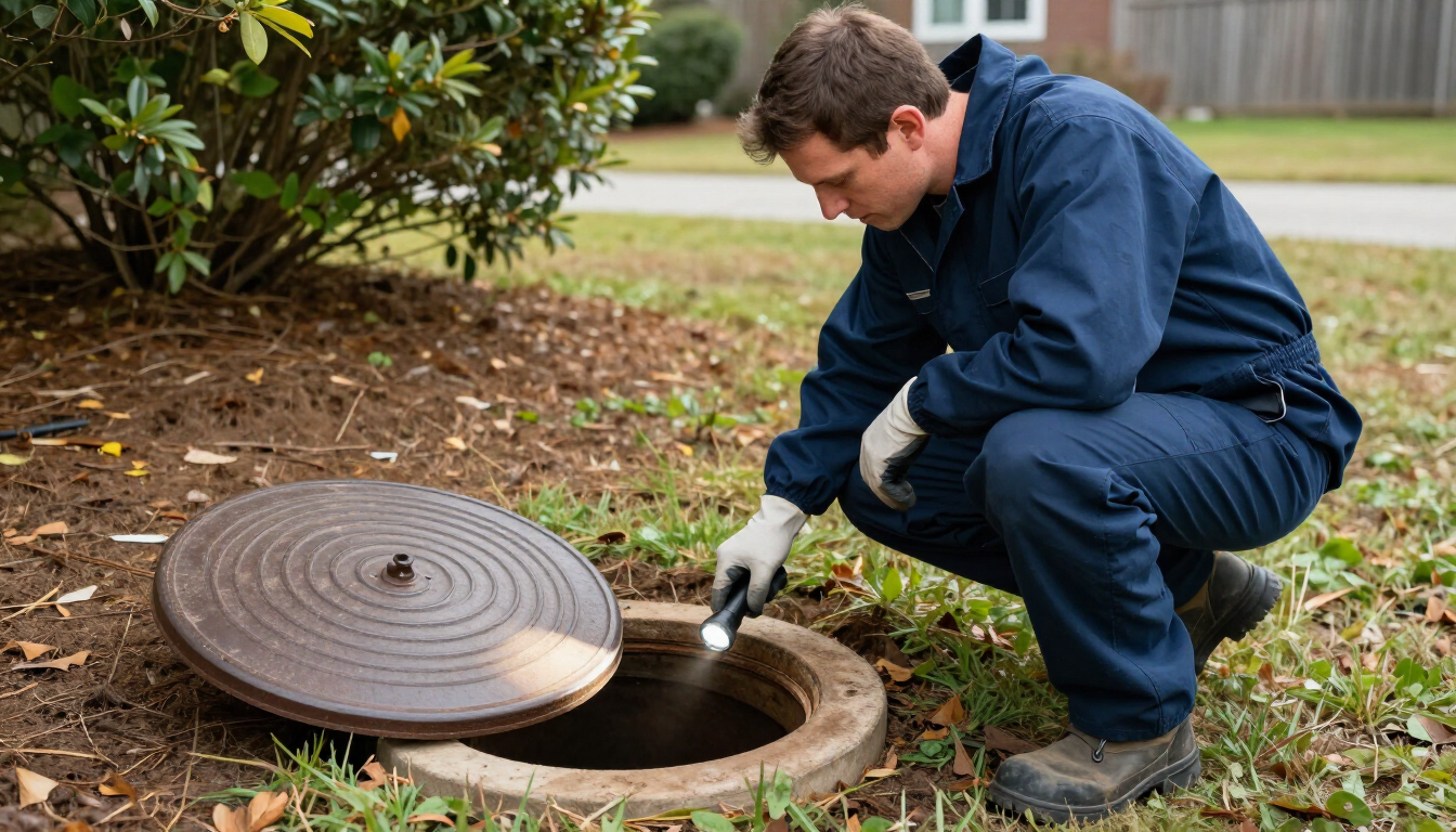 Technician carrying out a septic maintenance inspection beside a residential tank