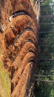 Curved wooden erosion-control barriers on a dirt slope beside a forest road