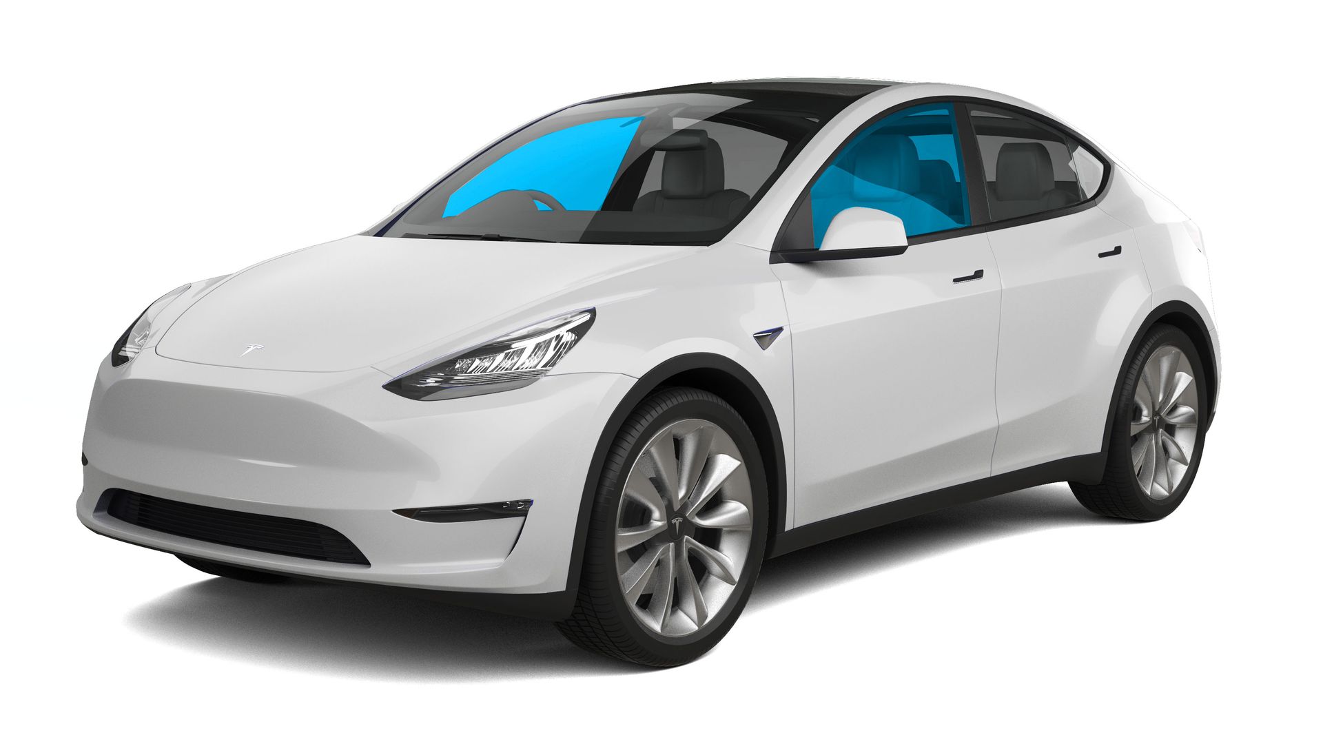 White compact electric car on a plain white background