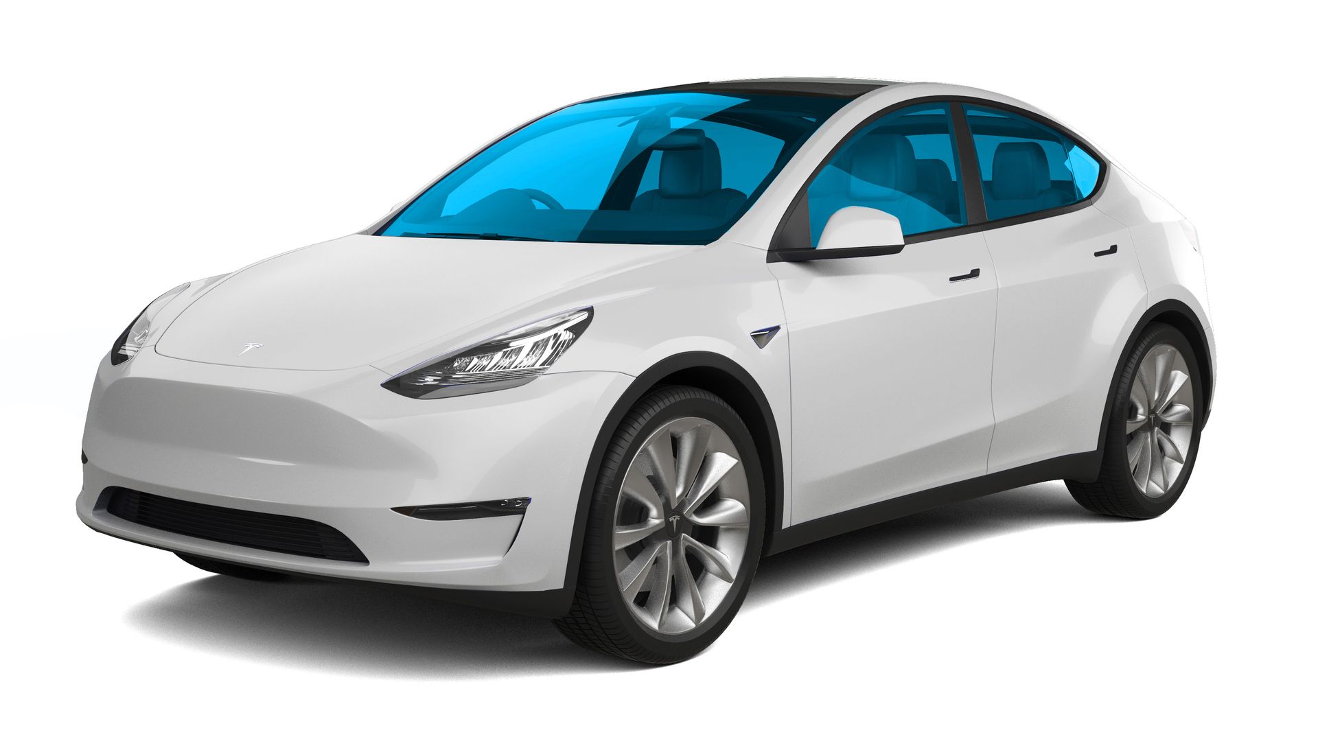 White compact electric hatchback car shown in a front three-quarter view on a white background