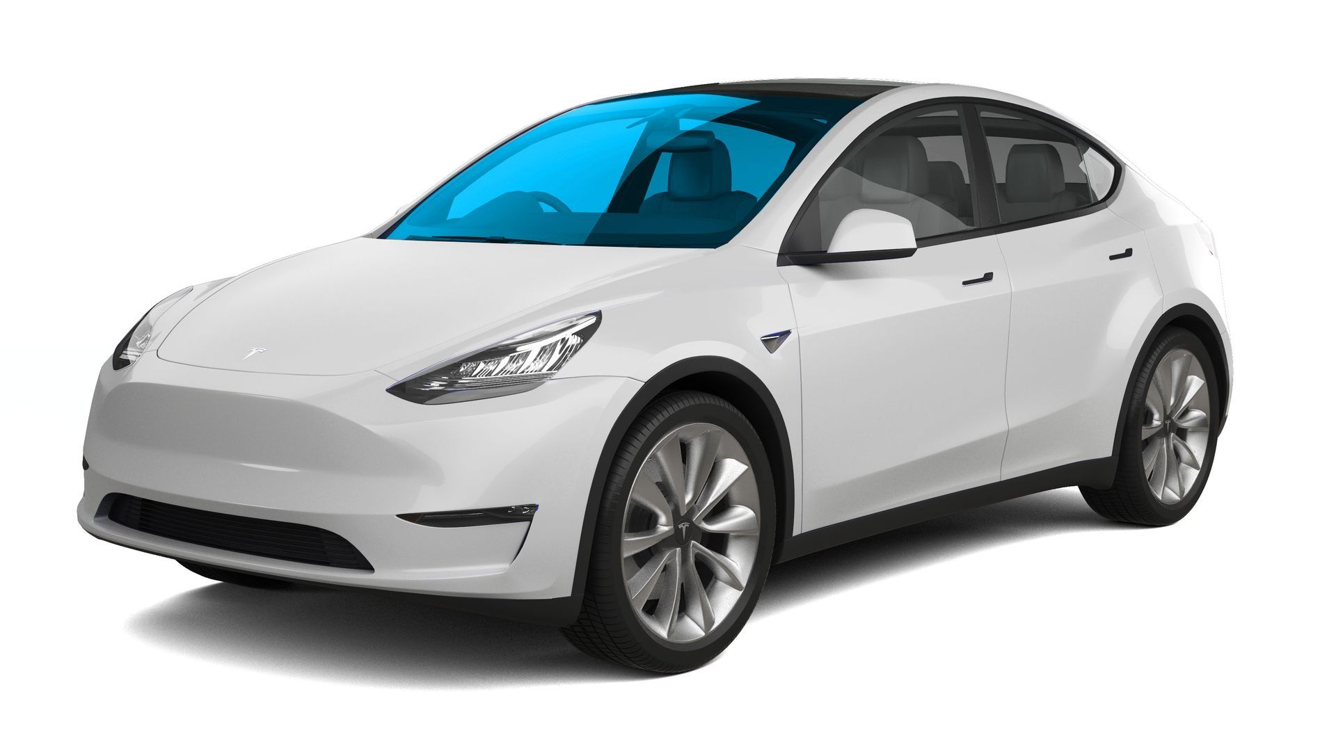 White compact electric hatchback car on a plain background, shown in front-left view