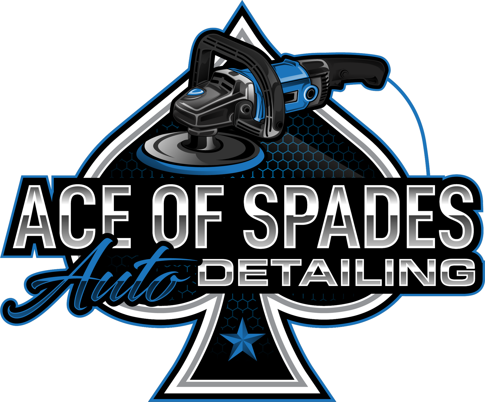 Ace of Spades Auto Detailing logo with a blue and black car polisher over a spade symbol