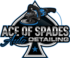 Ace of Spades Auto Detailing logo with a blue and black car polisher over a spade symbol