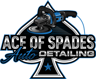 Ace of Spades Auto Detailing logo with a blue and black car polisher over a spade symbol