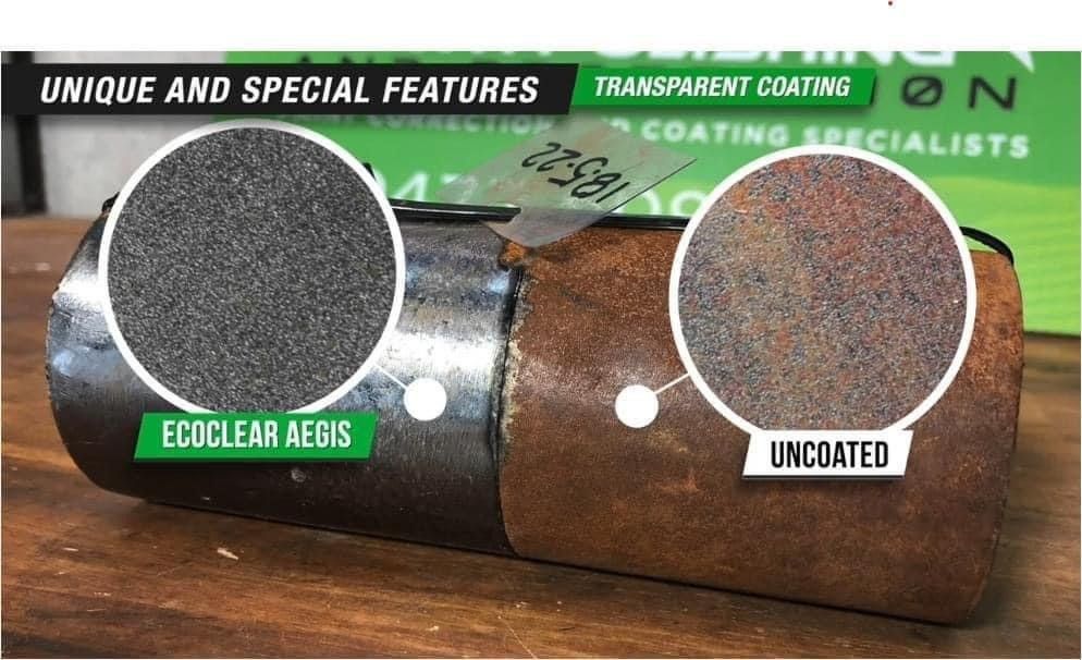 Two metal cylinders side by side, labeled “EcoClear AEGIS” and “Uncoated,” with a close-up comparison of surface coatings.