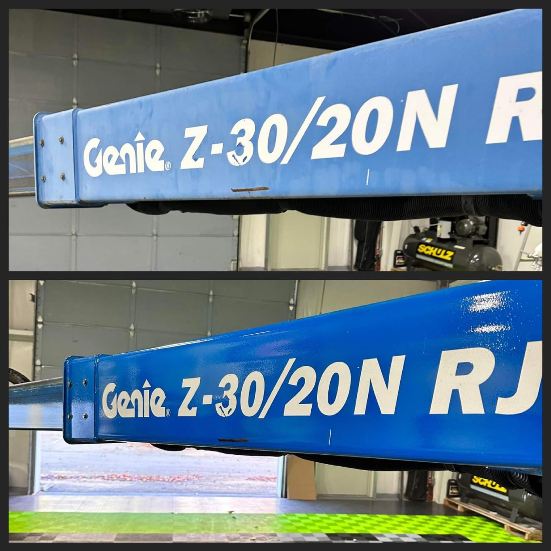 Blue Genie Z-30/20N lift boom indoors, shown in two stacked close-up views.