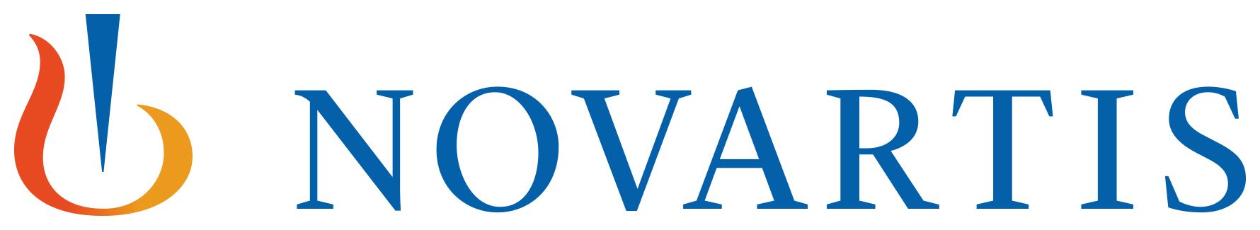 Novartis logo: a stylized flame in orange/yellow and blue, beside the company name in blue.