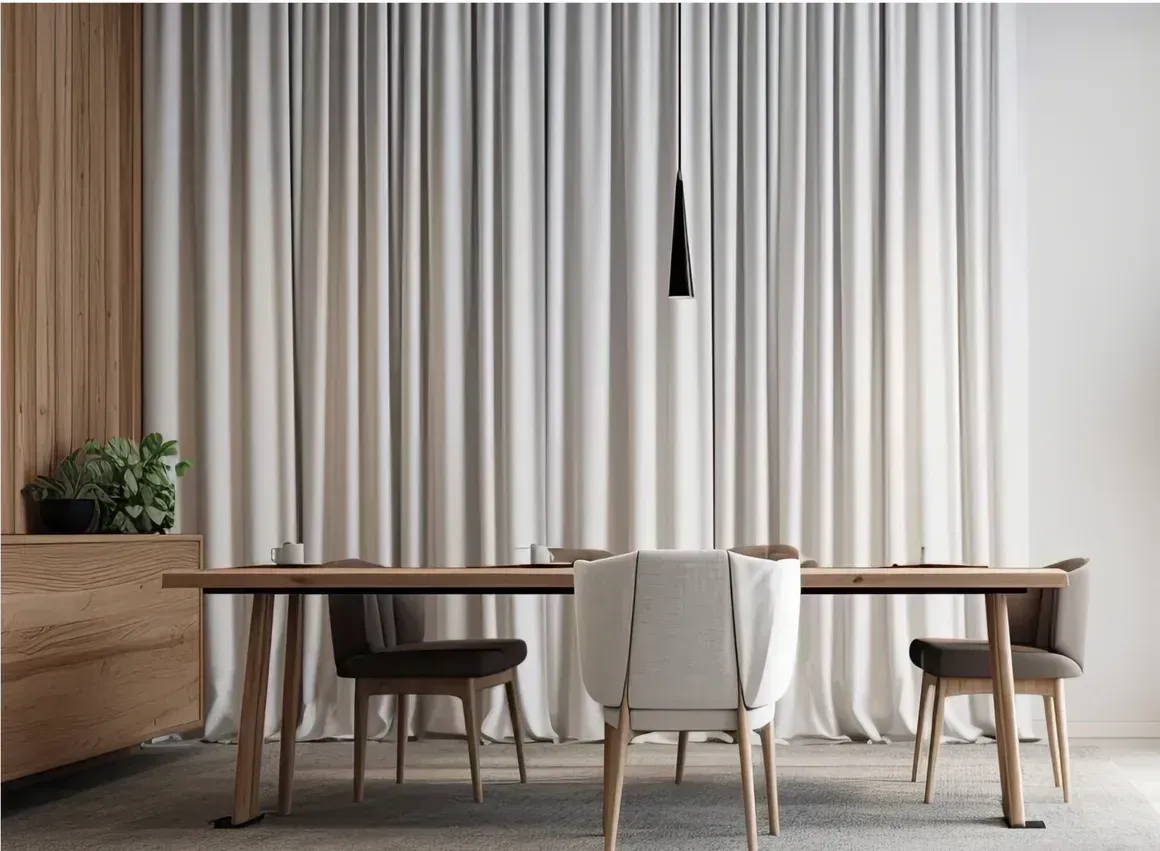 A dining room with a table and chairs and white curtains.