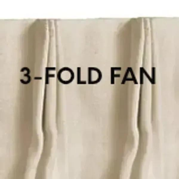 A close up of a curtain with the words `` 3 fold fan '' written on it.