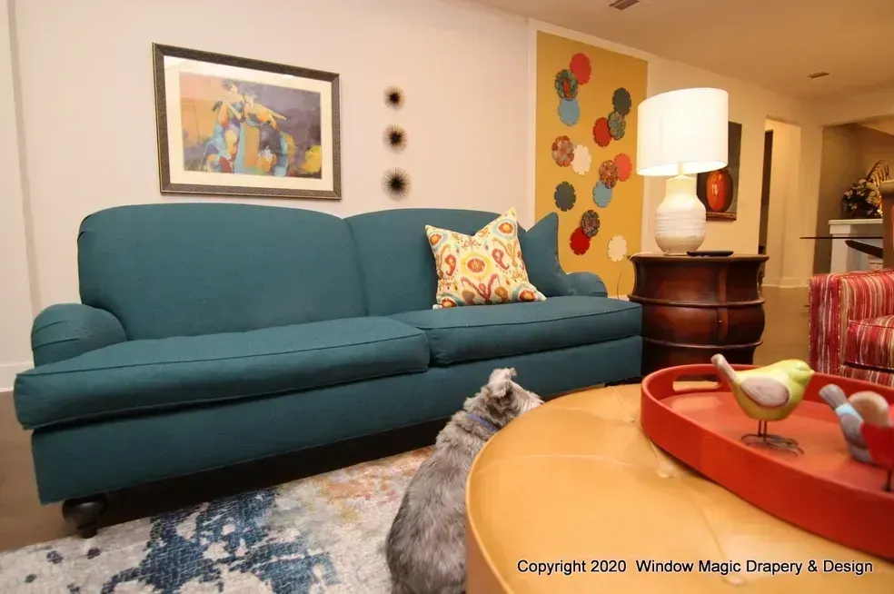 A living room with a blue couch and a cat sitting on a coffee table.