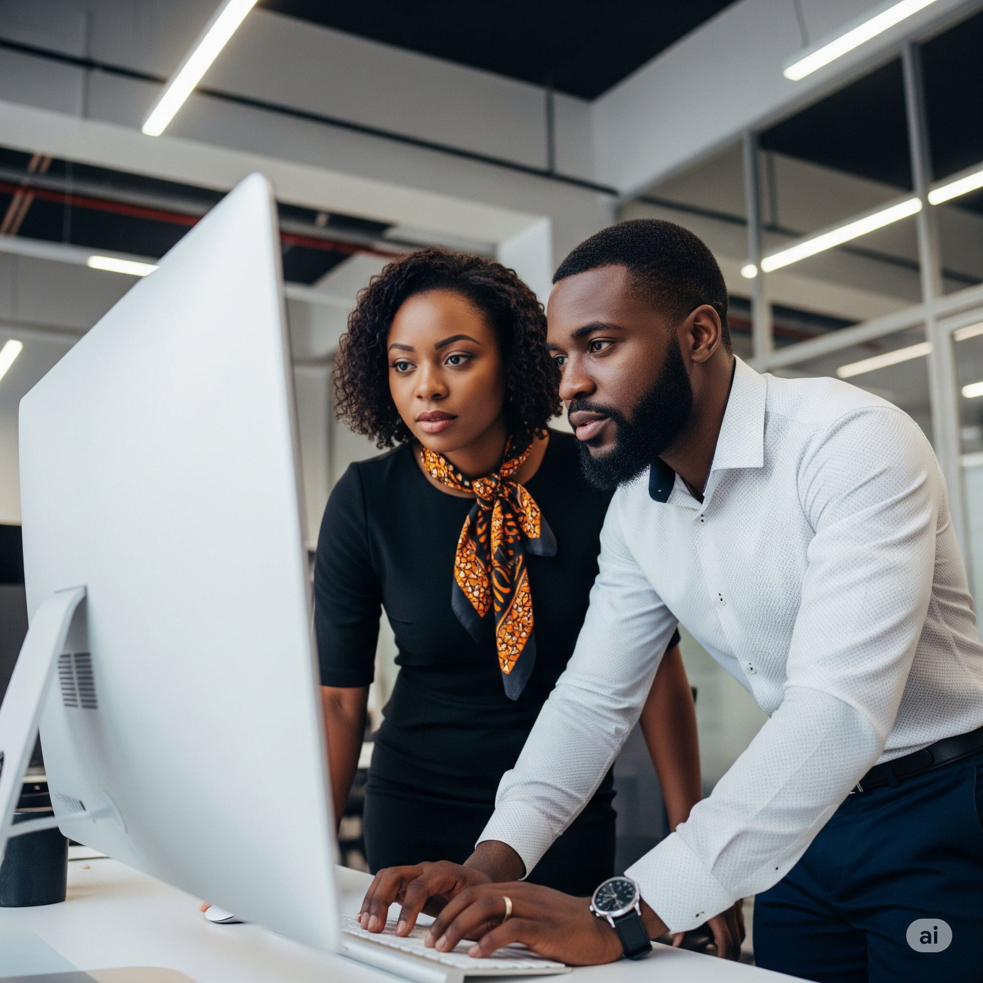 A two-person team working on a project at a computer monitor.