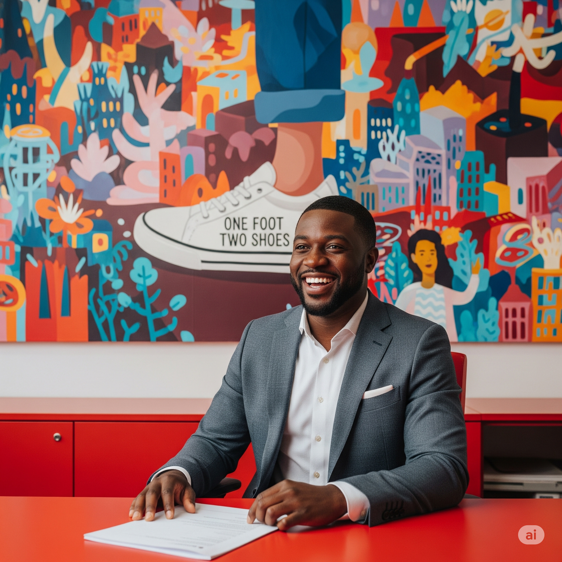 A Black business man sitting at his desk with a large smile with a mural with his background.  A sneaker on the mural bears the business name One Foot Two Shoes.