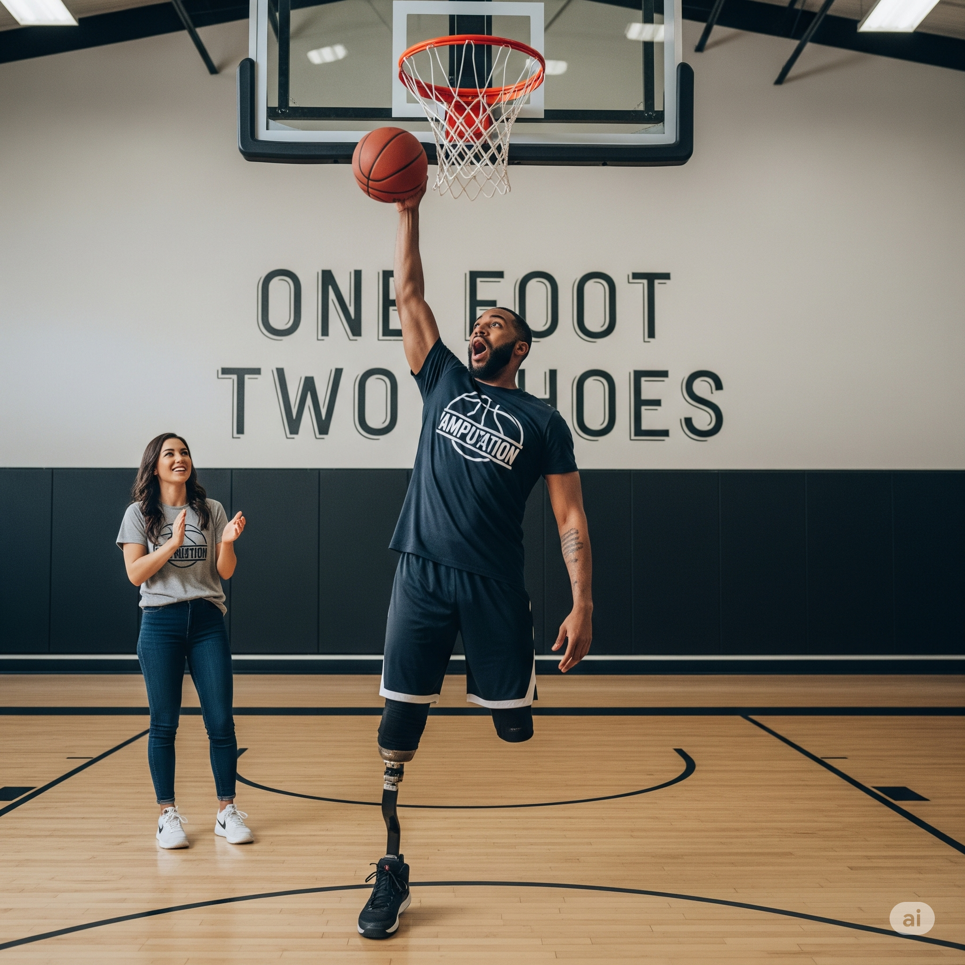 AMPUTEE GOES TO SLAM DUNK A BASKETBALL WITH A FAN CHEERING HIM ON