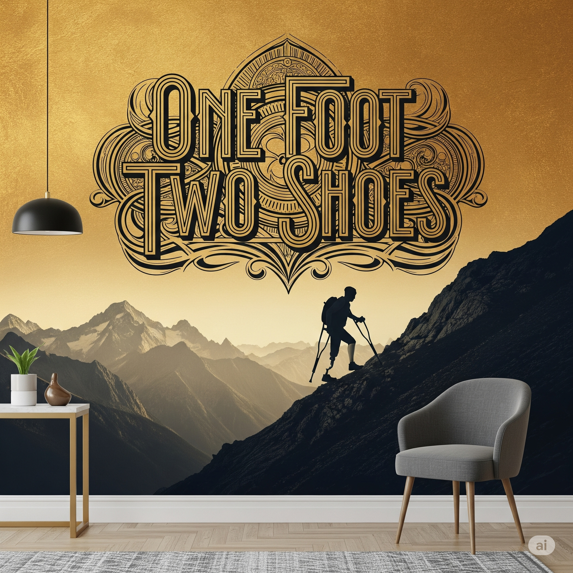 A desk with a wall mural behind it with a silhouette of a below knee amputee climbing a mountain with a backpack on crutches.