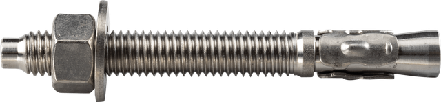 Stainless steel concrete anchor bolt with a blue band.