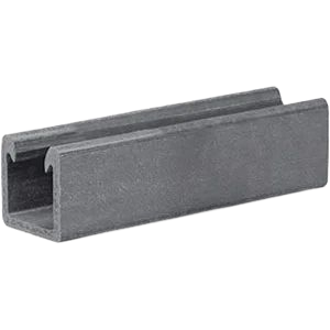 Metal slotted channel, U-shaped with holes along the center; for structural support in construction.