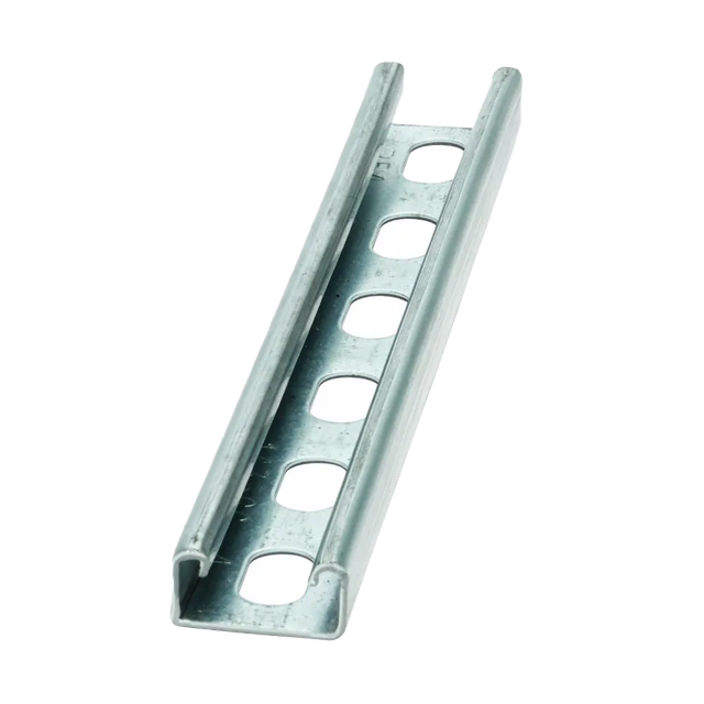 Metal slotted channel, U-shaped with holes along the center; for structural support in construction.