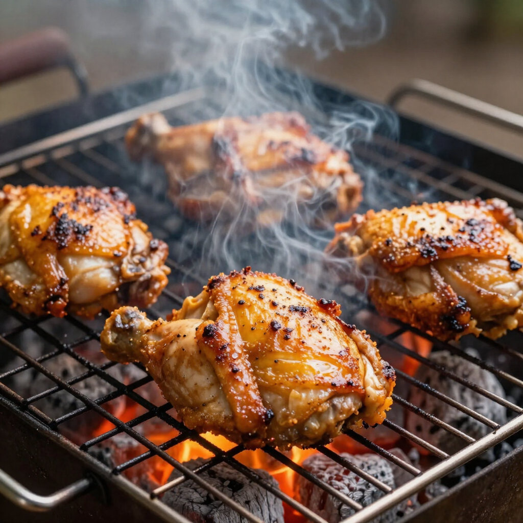 Grilled chicken thighs sizzling over open flames on a barbecue grate, with smoke rising