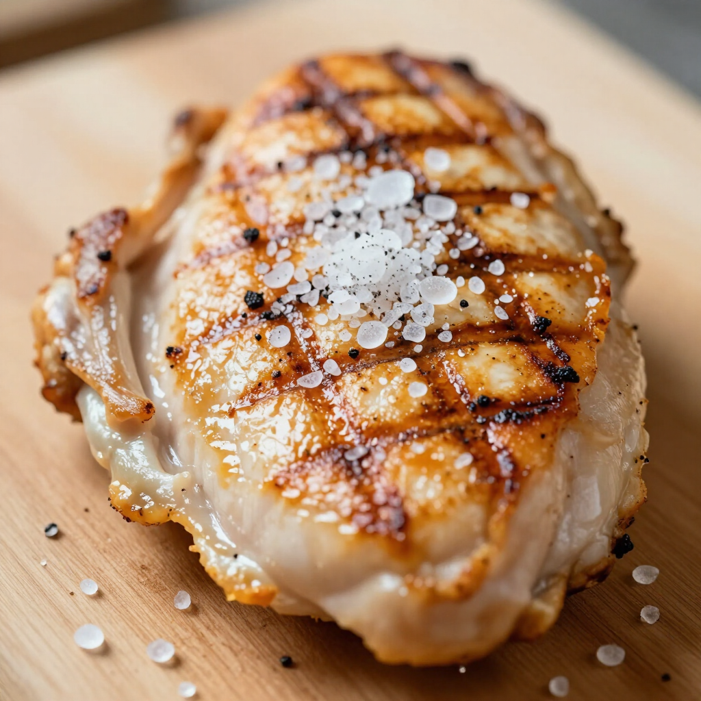 Grilled white fish fillet topped with coarse salt on a wooden board
