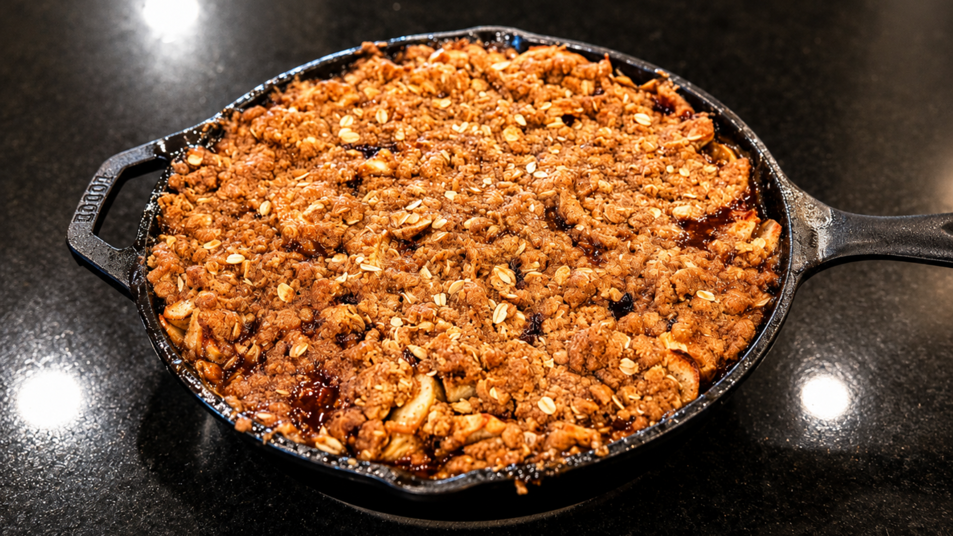 baked bourbon apple crisp in a skillet