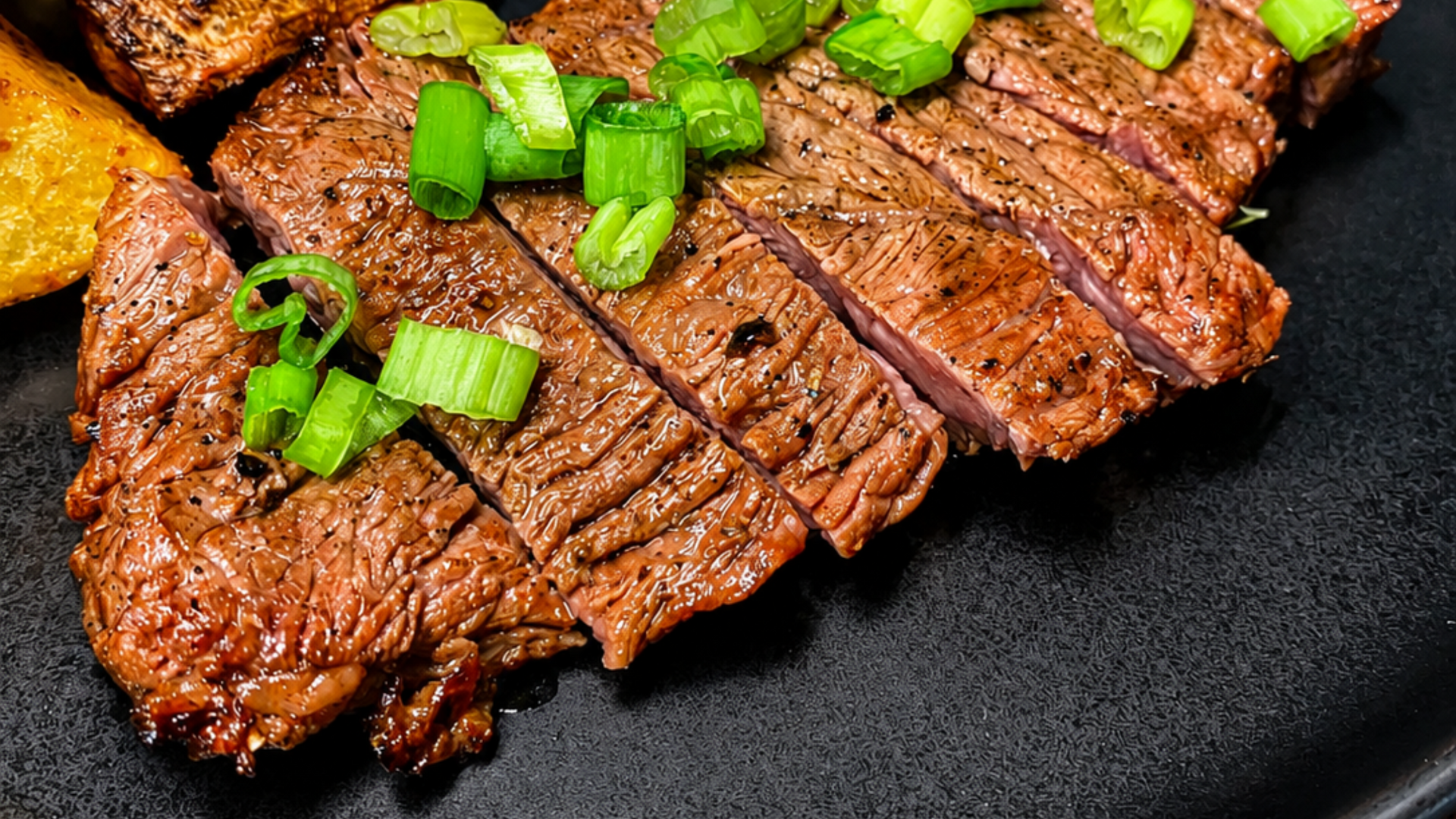 Grilled steak slices topped with chopped green onions on a black plate