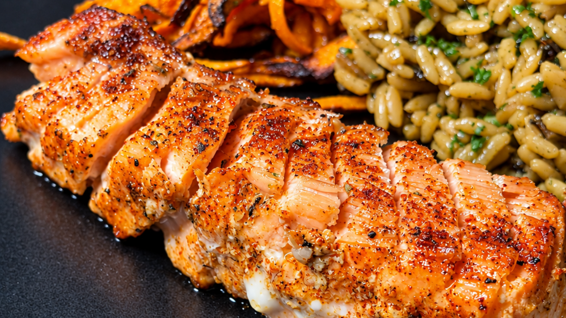 Grilled salmon fillet with herbs, served on a dark plate beside rice and vegetables