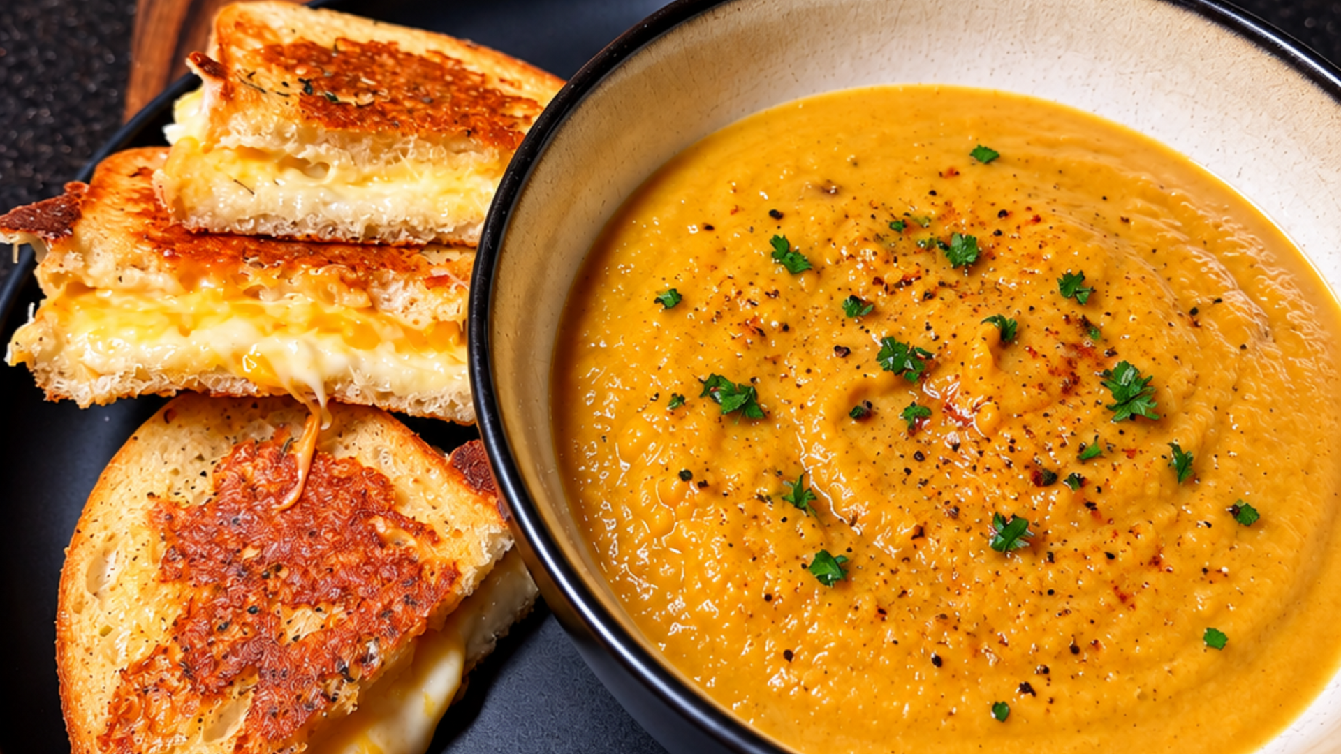 Tomato soup in a bowl with grilled cheese sandwich slices on a black plate