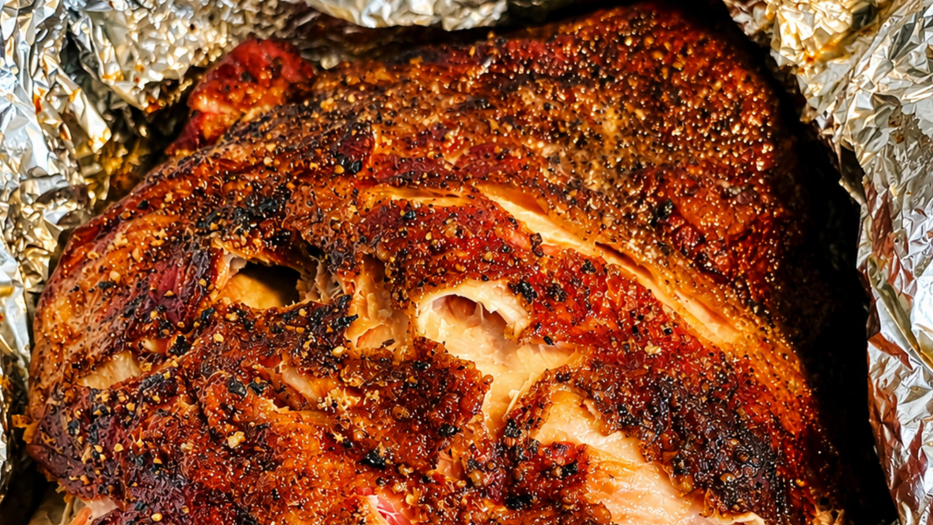 fully smoked and cooked pork butt setting in foil