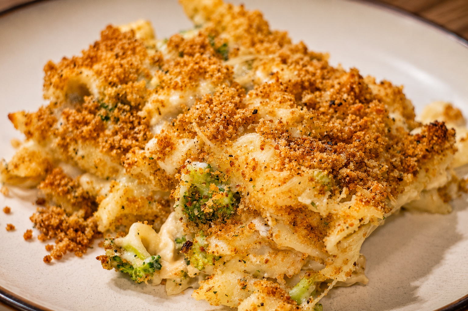 Plate with chicken and broccoli Alfredo bake