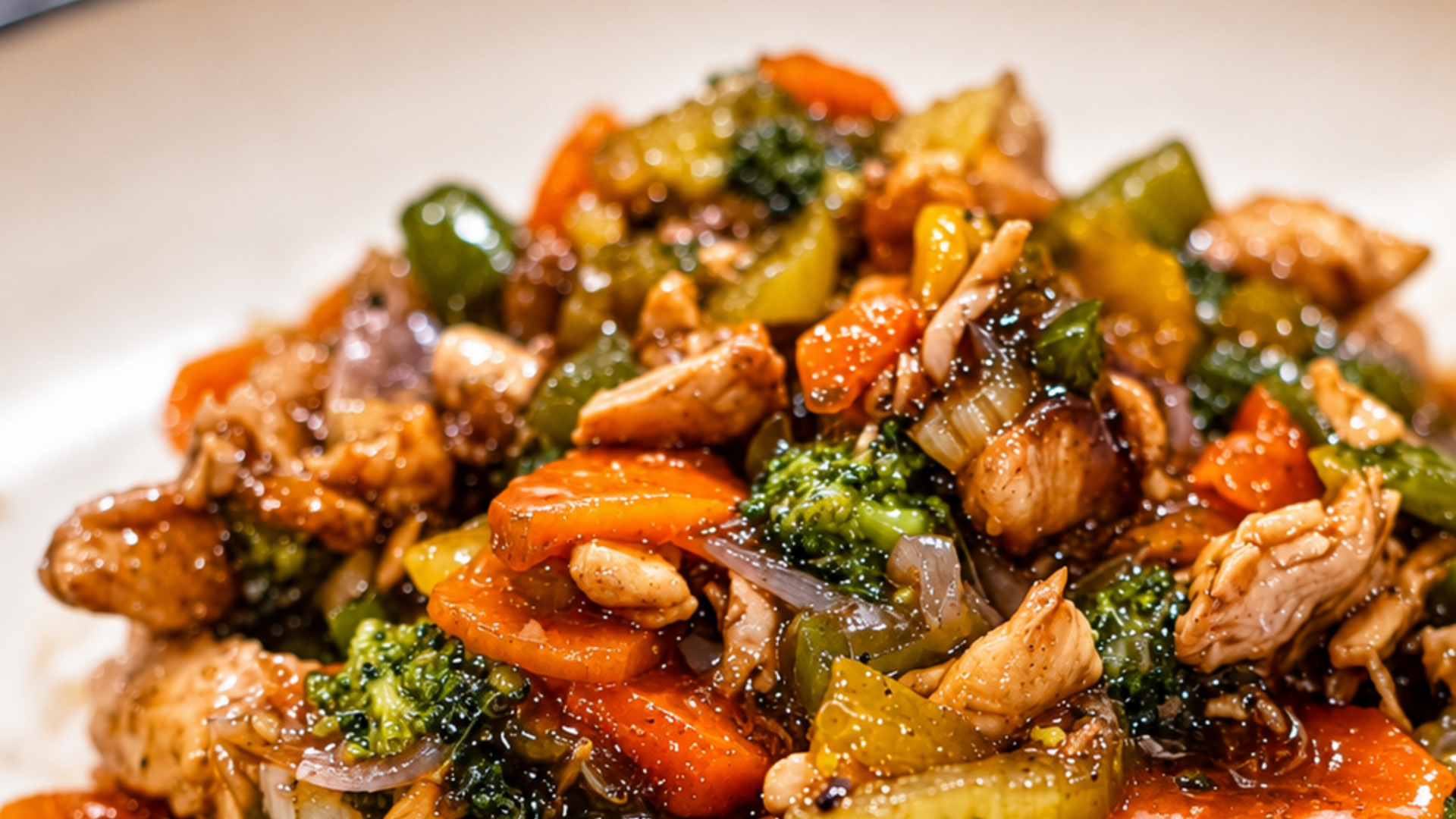 Stir-fried chicken with broccoli, carrots, and bell peppers in glossy brown sauce