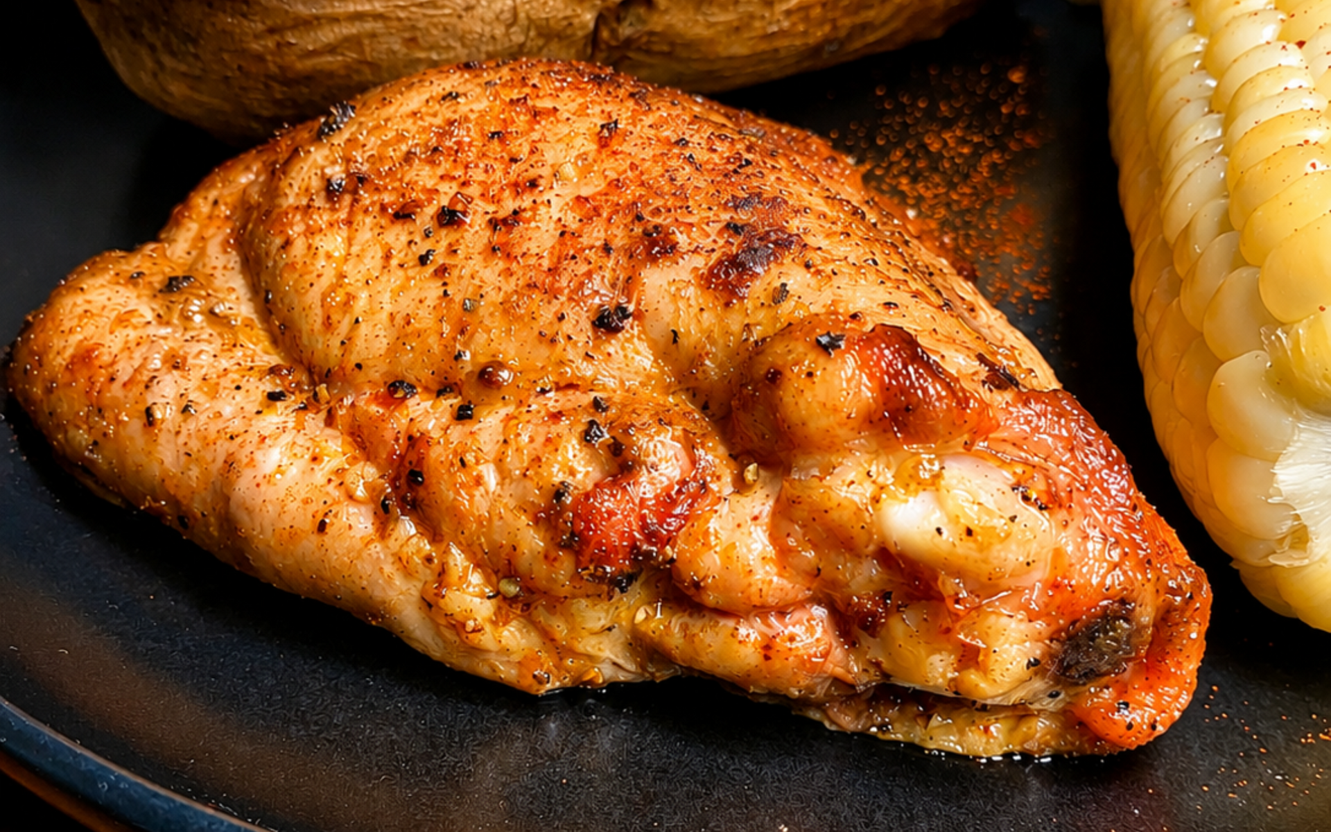 Seasoned grilled chicken thigh on a black plate with corn on the cob