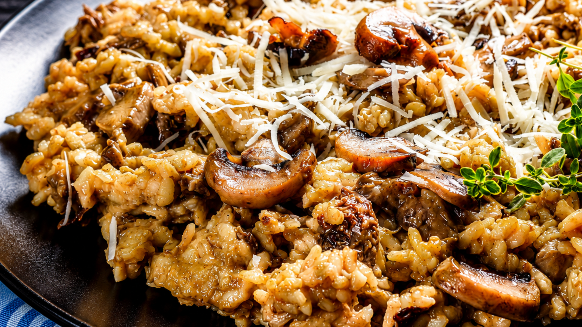 Mushroom risotto topped with grated cheese and parsley in a black skillet