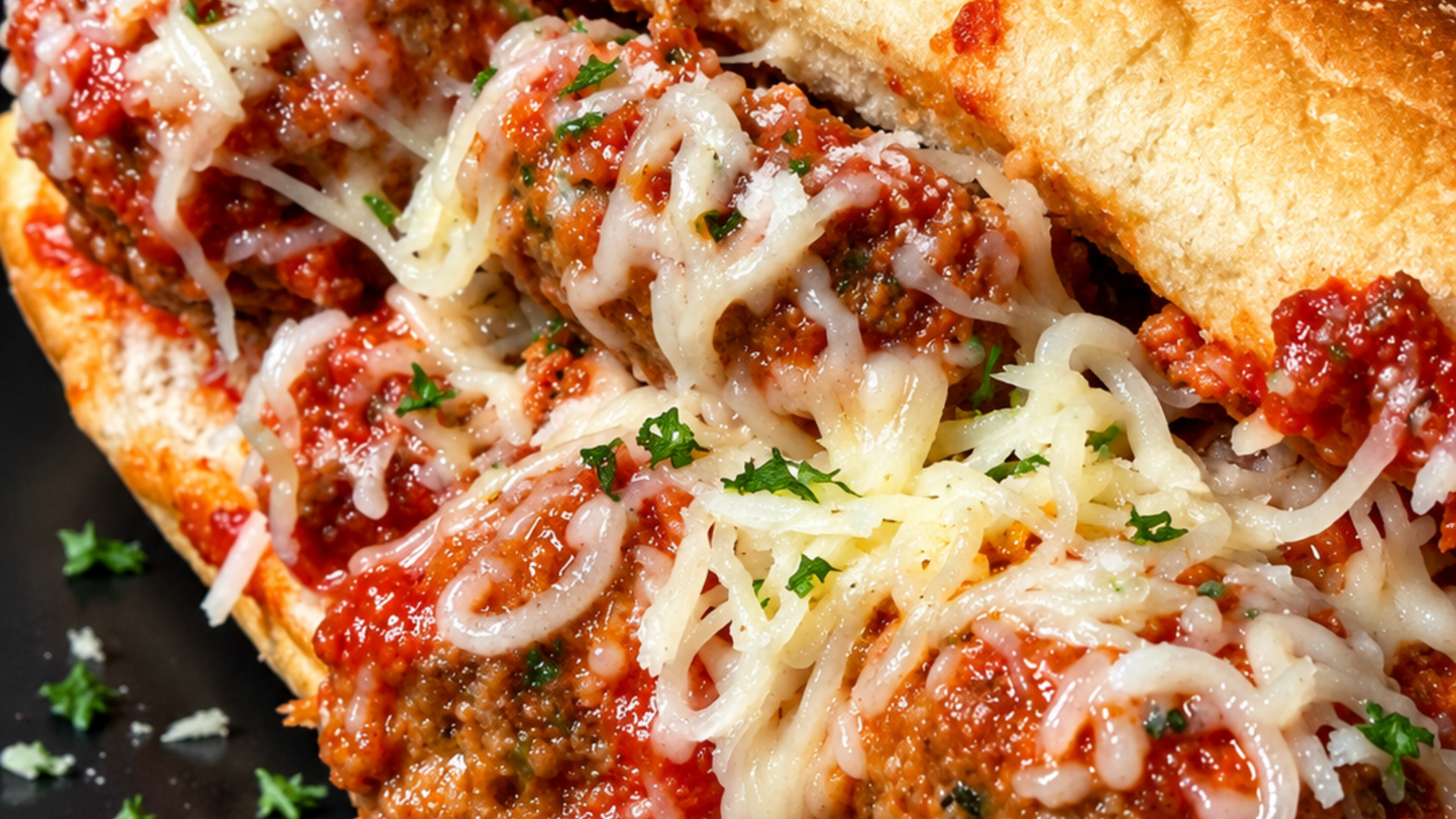 Cheesy meatball sub with marinara sauce on toasted bread, close-up