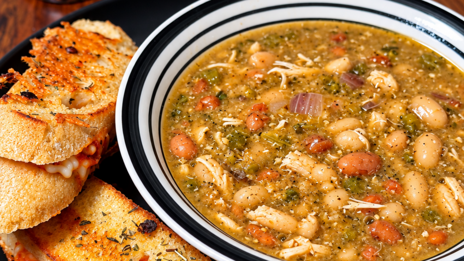 Bowl of hearty bean soup with herbs beside toasted bread slices
