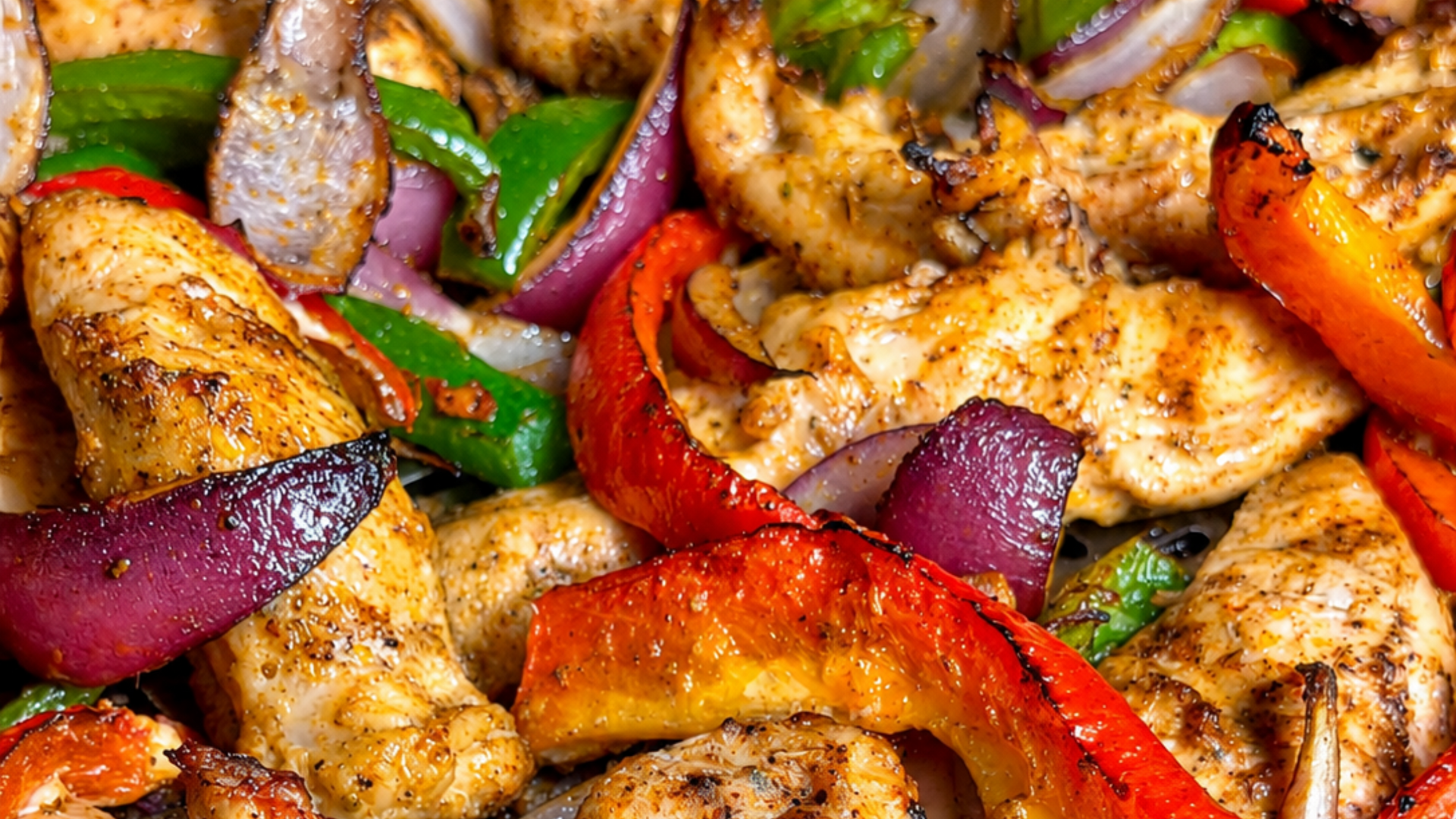 Grilled chicken fajitas with red and green peppers and onions in a skillet