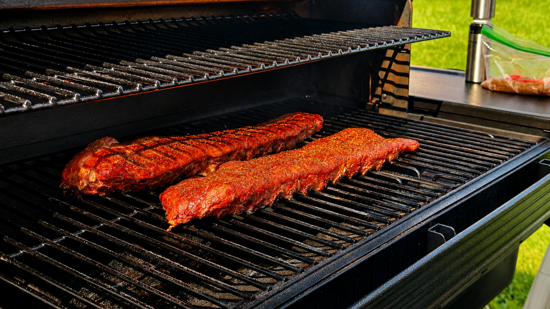 Two racks of barbecue ribs smoking on a grill with the lid open