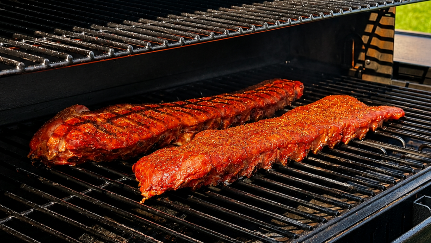 Two racks of glazed ribs cooking on a grill over hot coals.