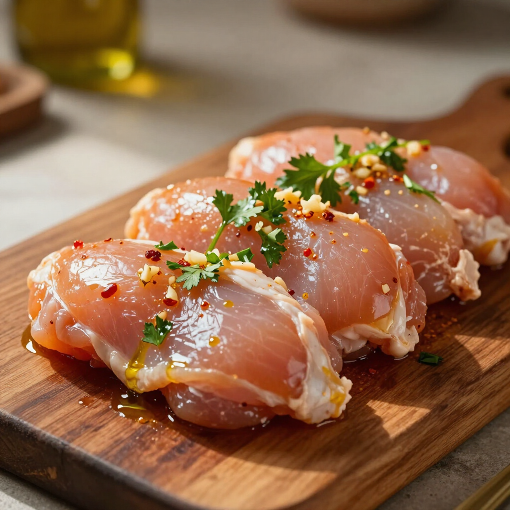Raw seasoned chicken breasts on a wooden cutting board, topped with herbs and red pepper flakes