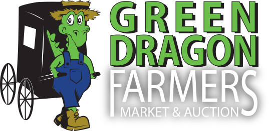Green Dragon Farmers Market & Auction logo with green dragon, black cart, and green-and-white text