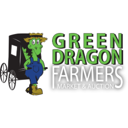 Green Dragon Farmers Market & Auction logo with green dragon, black cart, and green-and-white text