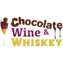 Chocolate, Wine & Whiskey logo with a chocolate-dipped wine glass and dripping text in brown, burgundy, and gold
