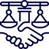 A handshake with scales of justice in the background.