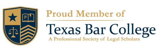 Logo of the Texas Bar College, a professional society of legal scholars; gold, blue, and white shield.