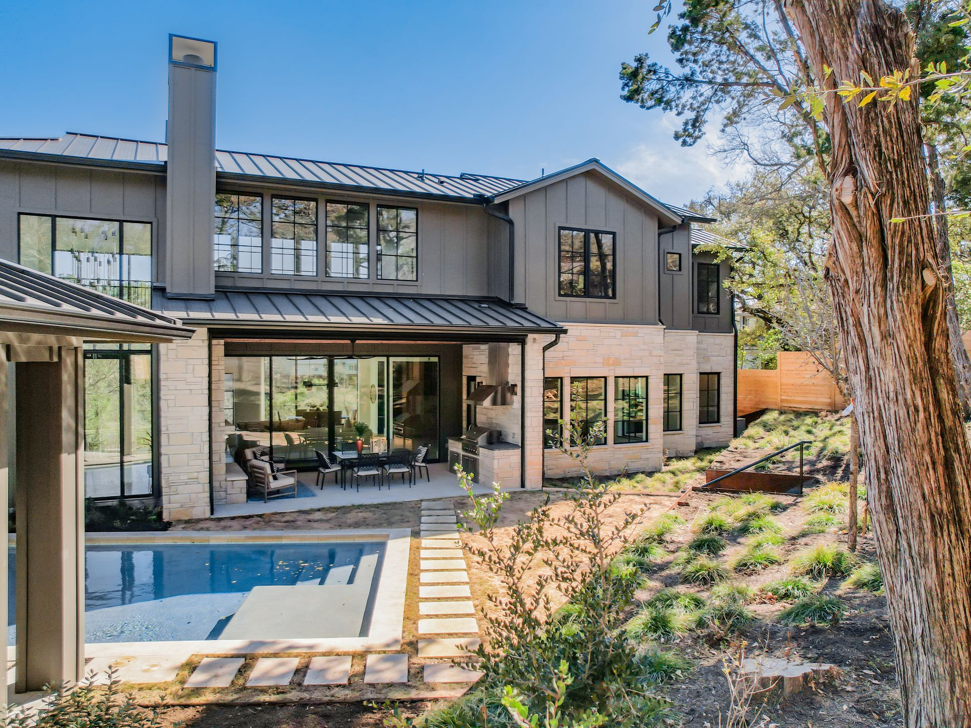 A large house with a swimming pool in the backyard.